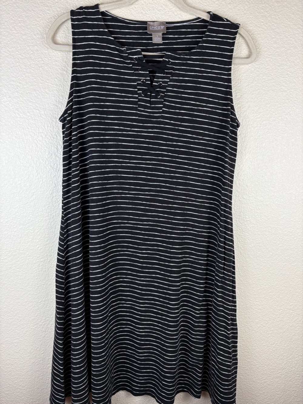 Chico's Black White Striped Sleeveless A-Line Lace Up‎ Dress Size 1 (M)
